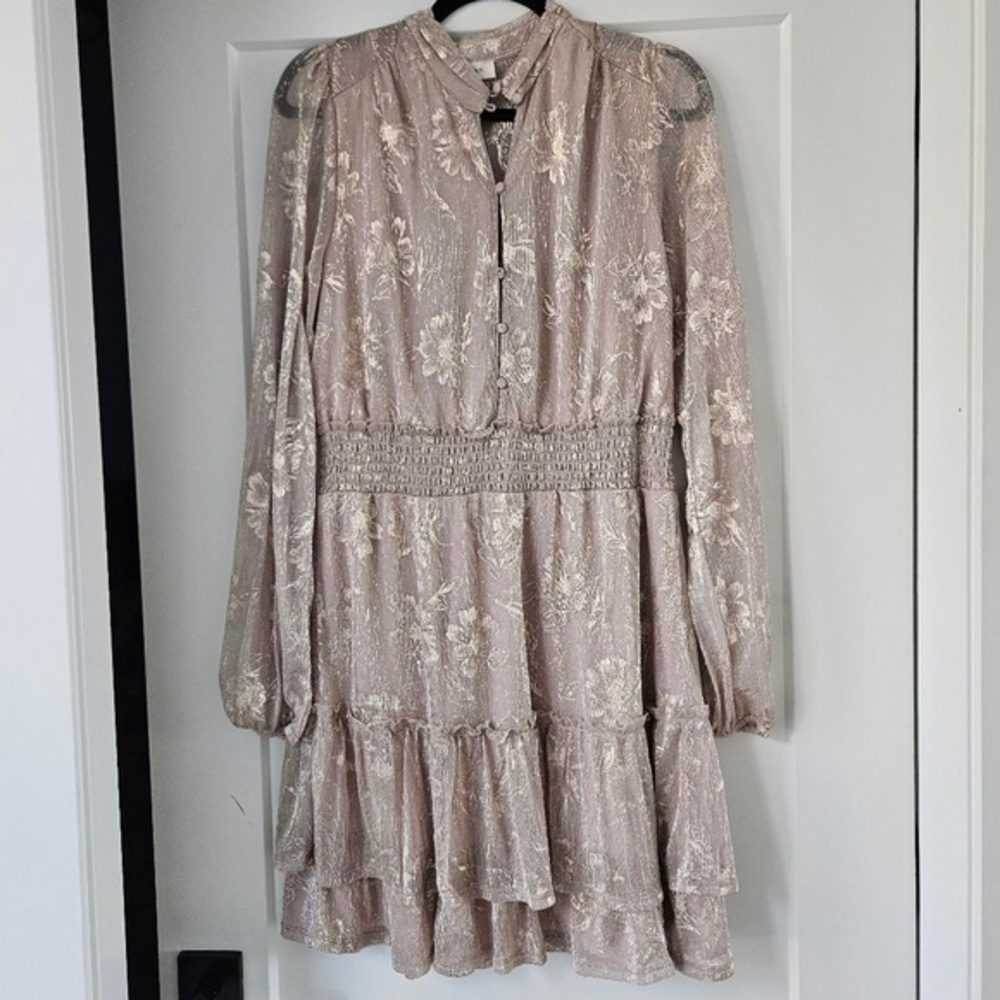 Floral Tiered Long Sleeve Dress in Light Taupe
